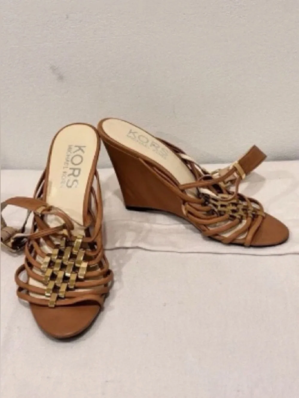 Michael Kors Brown Wedge Sandals with Gold Braided Accent